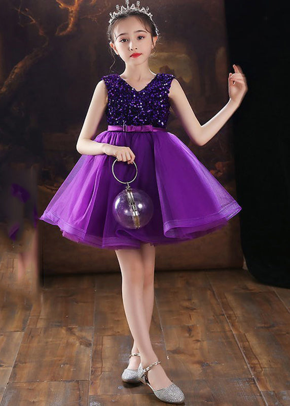 Fashion Purple V Neck Tulle Patchwork Sequins Girls Mid Dress Sleeveless EW005