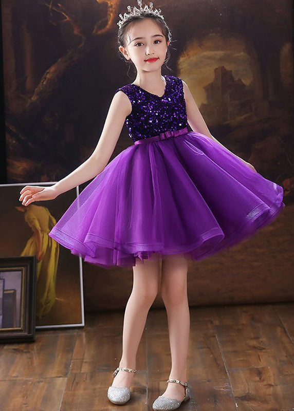 Fashion Purple V Neck Tulle Patchwork Sequins Girls Mid Dress Sleeveless EW005