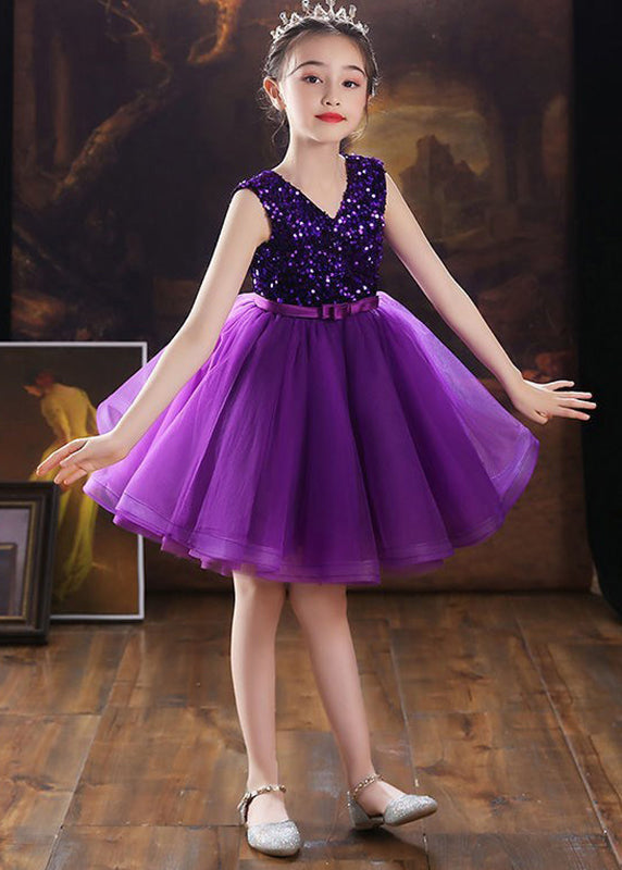 Fashion Purple V Neck Tulle Patchwork Sequins Girls Mid Dress Sleeveless EW005