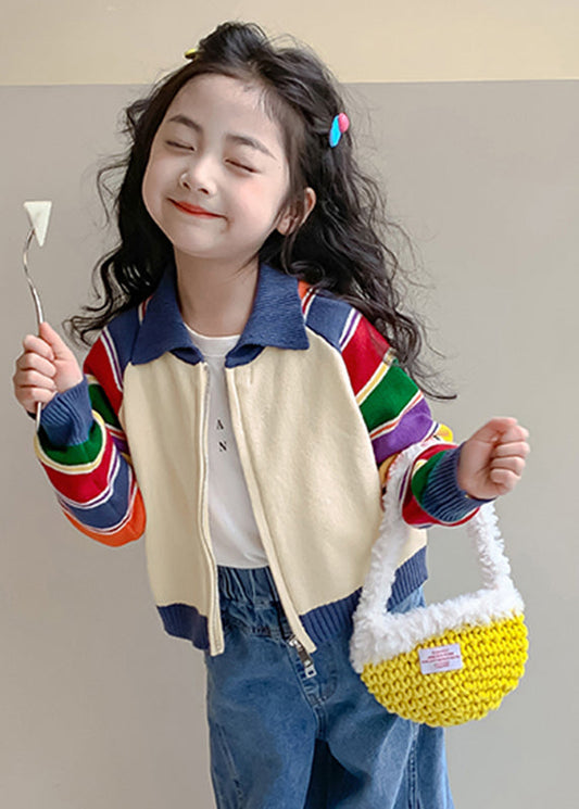 Fashion Rainbow Striped Peter Pan Collar Cotton Knit Kids Cardigan Spring TP029