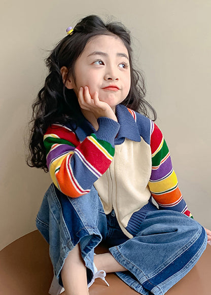 Fashion Rainbow Striped Peter Pan Collar Cotton Knit Kids Cardigan Spring TP029