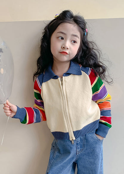 Fashion Rainbow Striped Peter Pan Collar Cotton Knit Kids Cardigan Spring TP029