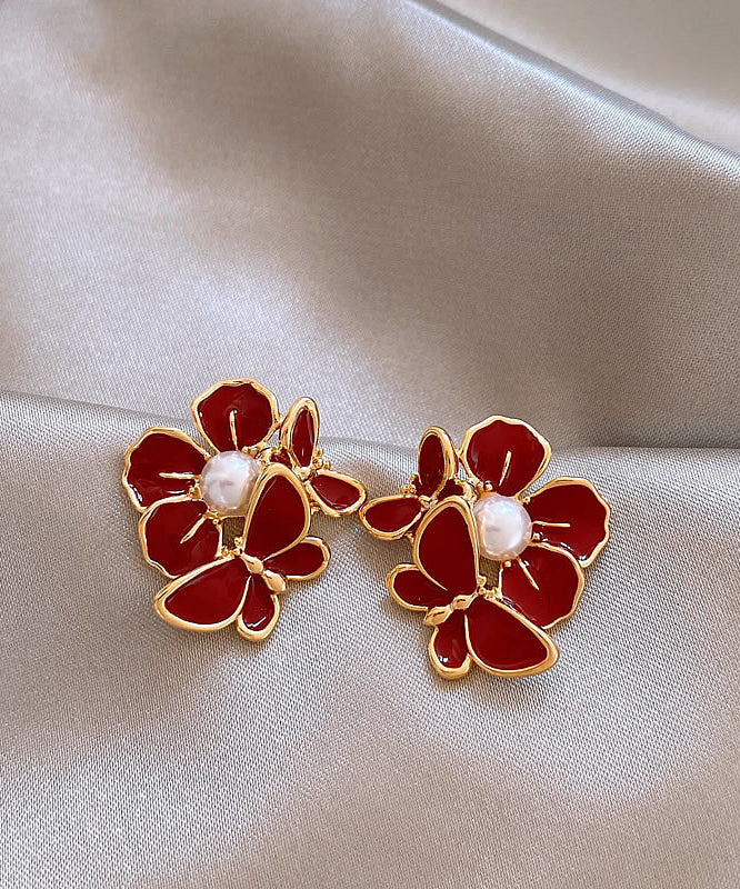 Fashion Red Copper Alloy Butterfly Pearl Stud Earrings RB024