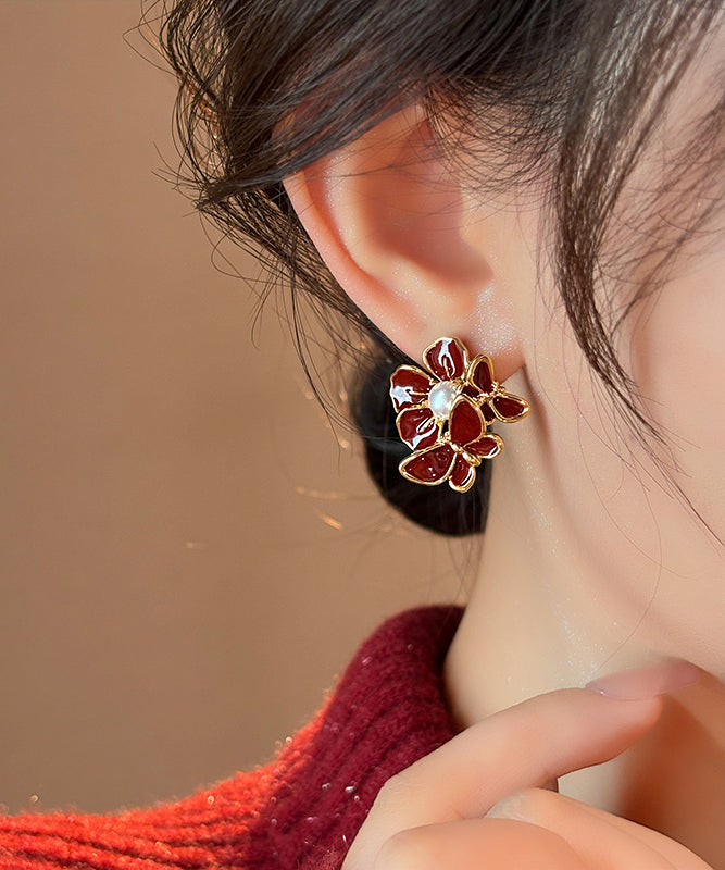 Fashion Red Copper Alloy Butterfly Pearl Stud Earrings RB024