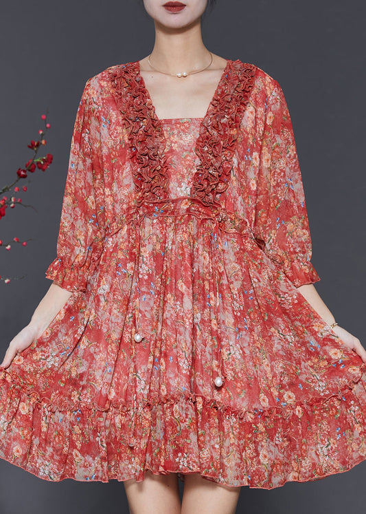 Robe courte en mousseline de soie imprimée à volants rouge tendance été SD1091