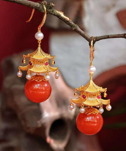 Fashion Red Sterling Silver Overgild Agate Pearl Pavilion Drop Earrings AH707