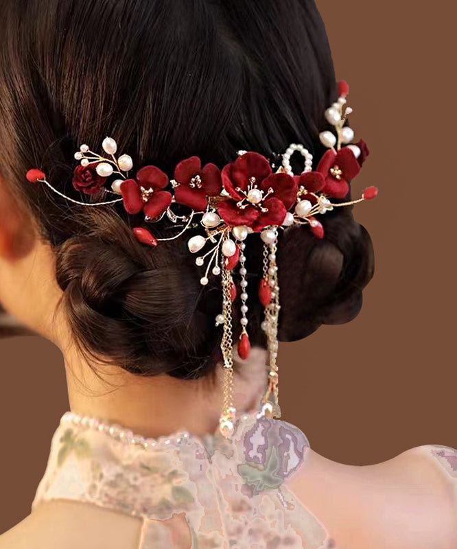 Fashion Red Sterling Silver Overgild Pearl Floral Tassel Hairpin AB1070