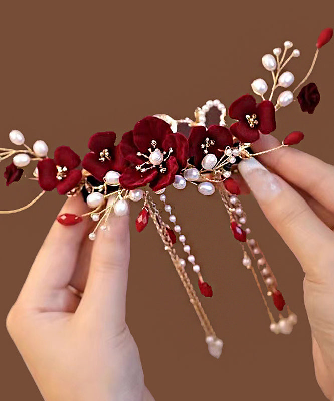 Fashion Red Sterling Silver Overgild Pearl Floral Tassel Hairpin AB1070