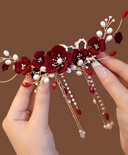 Fashion Red Sterling Silver Overgild Pearl Floral Tassel Hairpin QD039