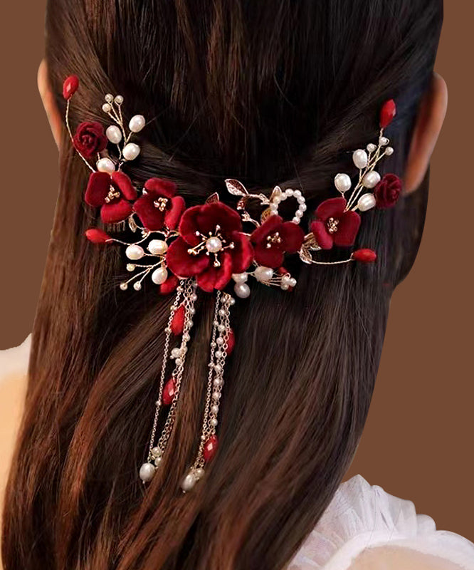 Fashion Red Sterling Silver Overgild Pearl Floral Tassel Hairpin AB1070