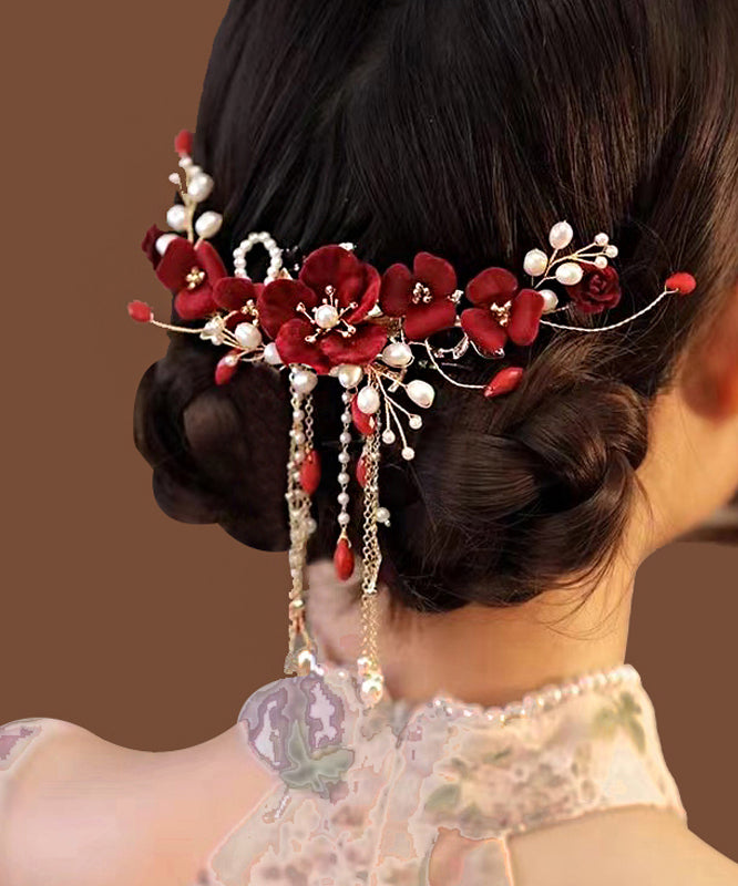 Fashion Red Sterling Silver Overgild Pearl Floral Tassel Hairpin AB1070