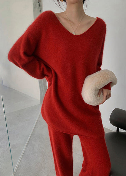 Fashion Red Sweaters And Pants Knit 2 Piece Outfit Fall WO031