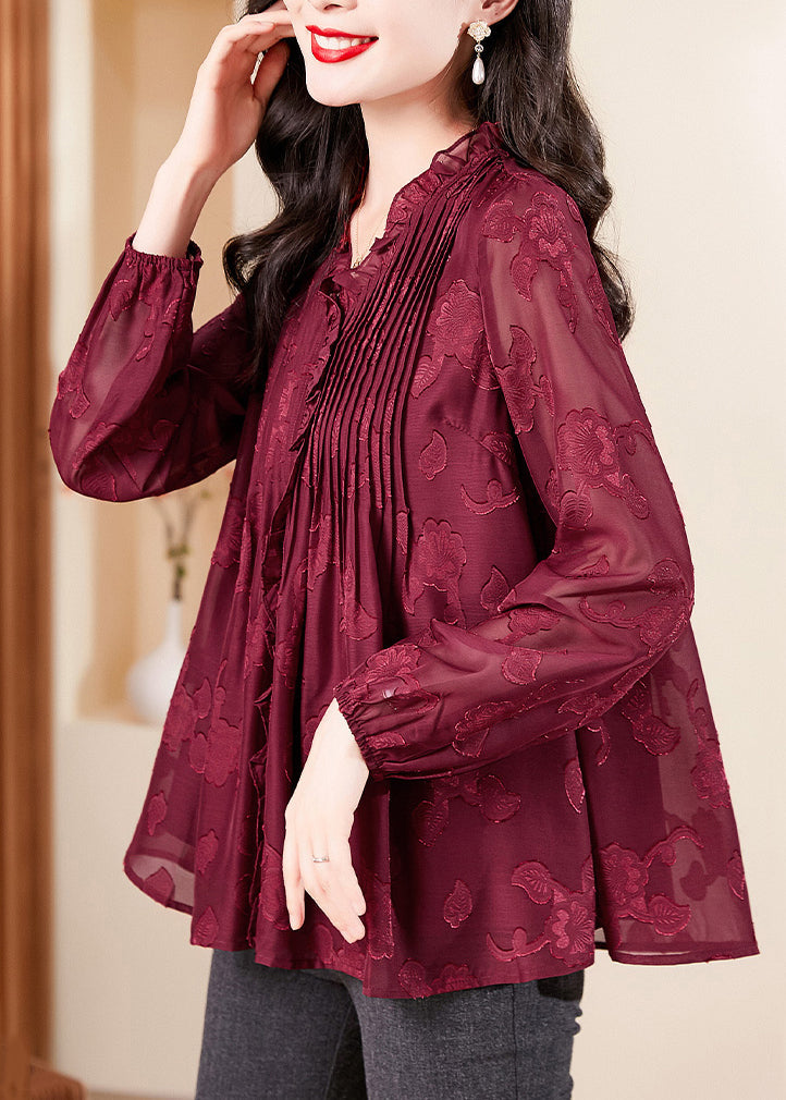 Fashion Red V Neck Ruffled Chiffon Shirt Long Sleeve OP1065