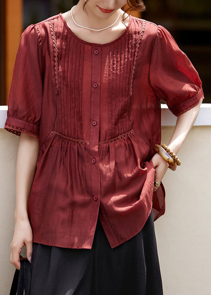 Fashion Rust Lace Patchwork Button Silk Shirt Summer WW048