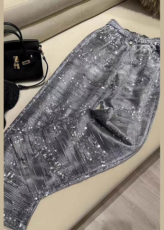 Mode Silber Pailletten Elastische Taille Gerade Hosen Frühling BV041