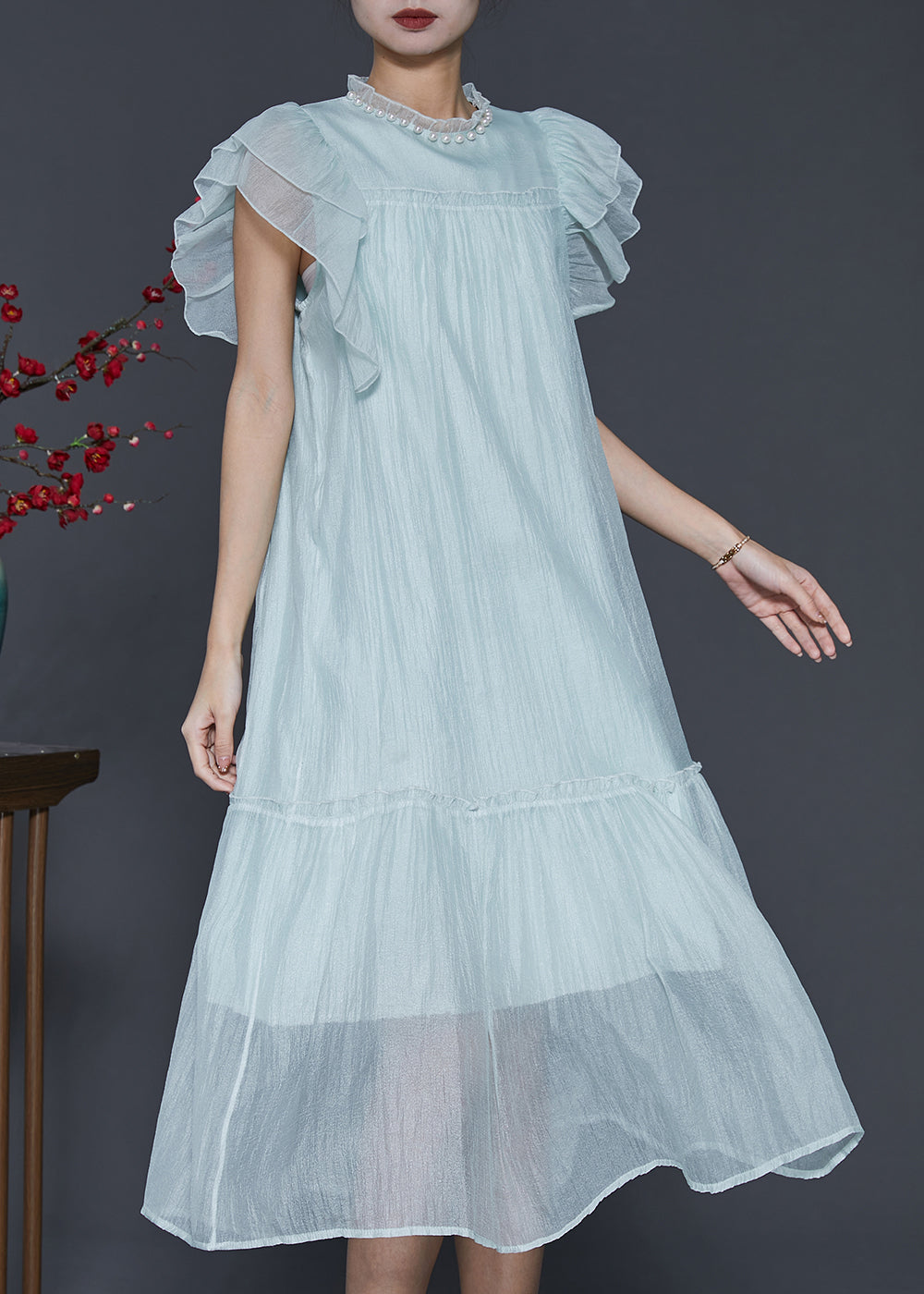 Robe longue en soie à volants bleu ciel tendance pour l'été SD1099