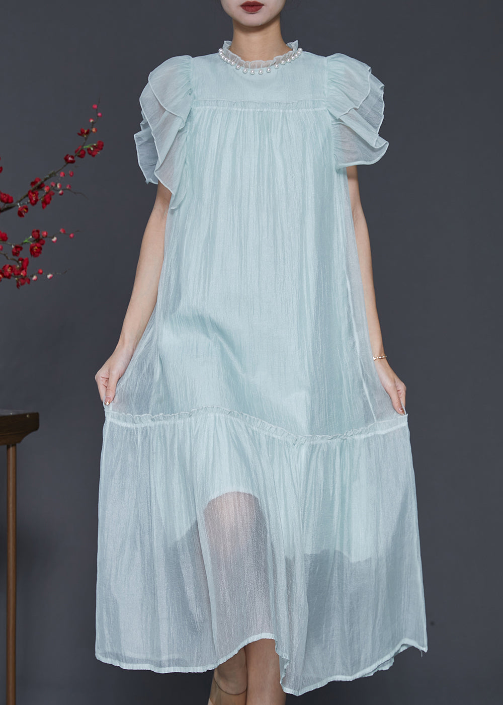 Robe longue en soie à volants bleu ciel tendance pour l'été SD1099