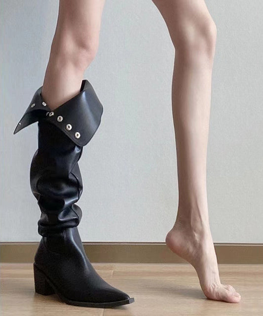 Fashion Splicing Chunky Knee Boots Black Faux Leather WT019