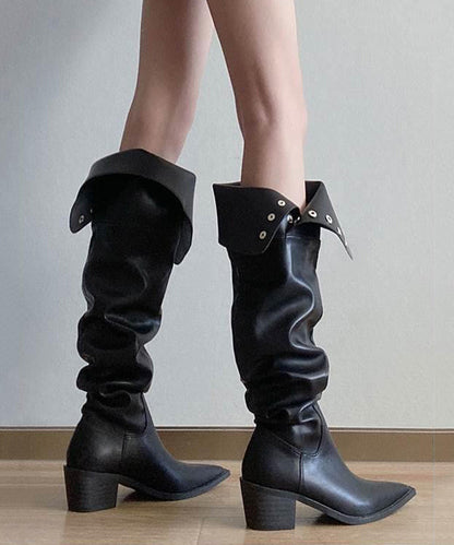 Fashion Splicing Chunky Knee Boots Black Faux Leather WT019