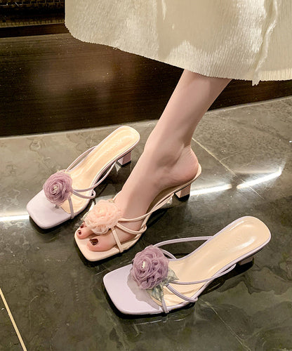 Fashion Splicing Floral Chunky Heel Purple Slide Sandals AA001