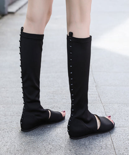 Fashion Splicing Long Boots Black Peep Toe Elastic Fabric XC1055