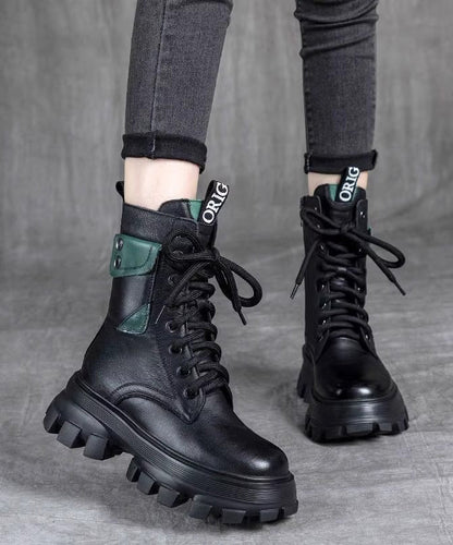 Fashion Splicing Platform Boots Black Cowhide Leather Lace Up RX023