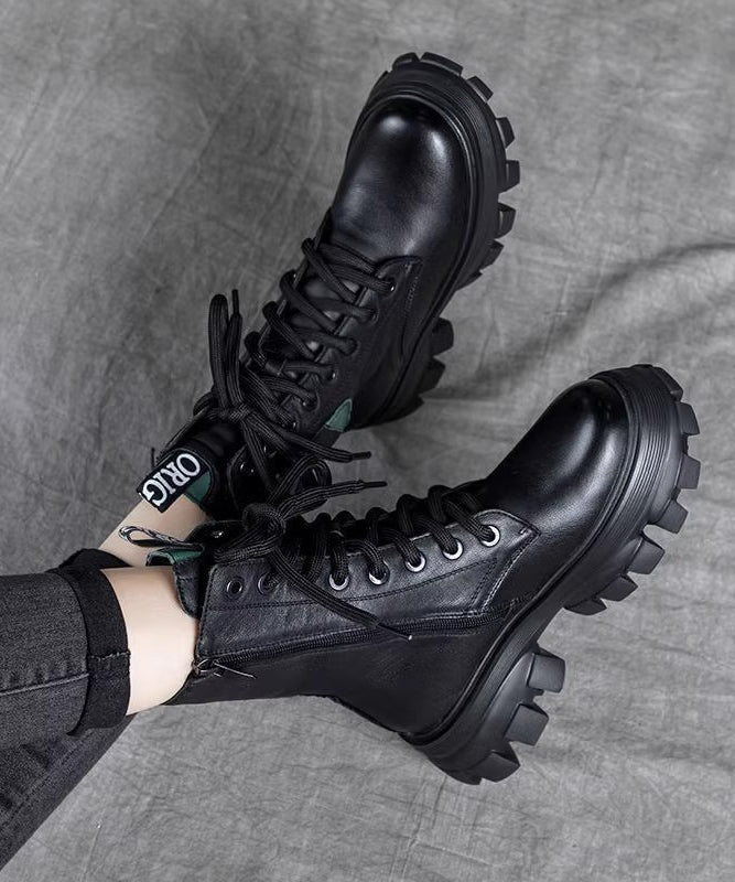 Fashion Splicing Platform Boots Black Cowhide Leather Lace Up RX023