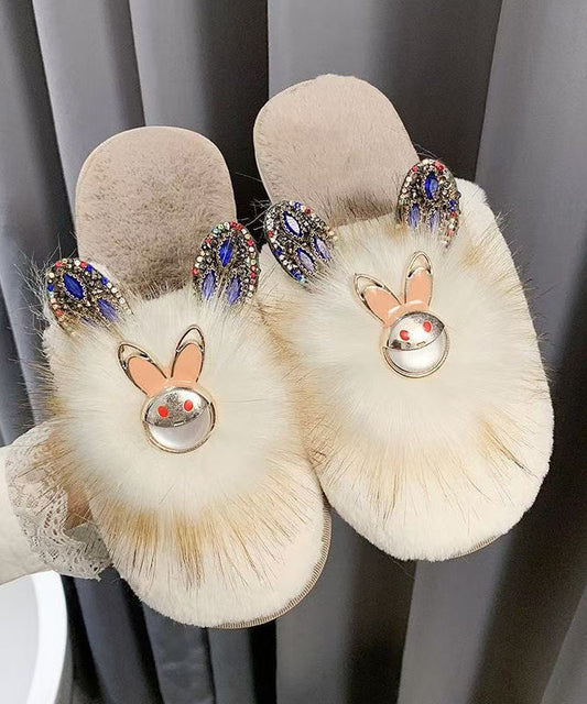 Fashion Splicing Slippers Shoes Khaki Fuzzy Fur Zircon RX019