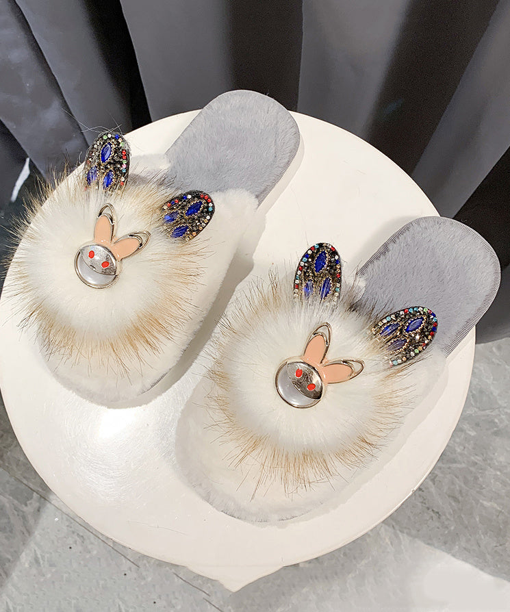 Fashion Splicing Slippers Shoes Khaki Fuzzy Fur Zircon RX019