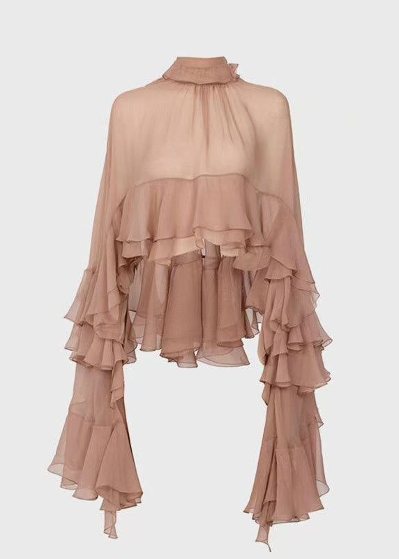 Fashion Stand Collar Ruffled Patchwork Chiffon Shirt Long Sleeve QA003