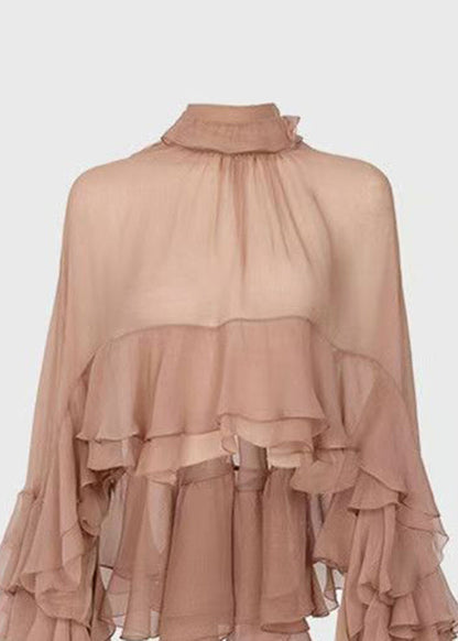 Fashion Stand Collar Ruffled Patchwork Chiffon Shirt Long Sleeve QA003