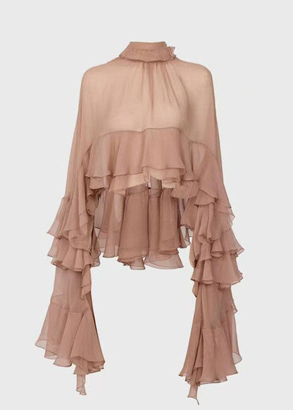 Fashion Stand Collar Ruffled Patchwork Chiffon Shirt Long Sleeve QA003