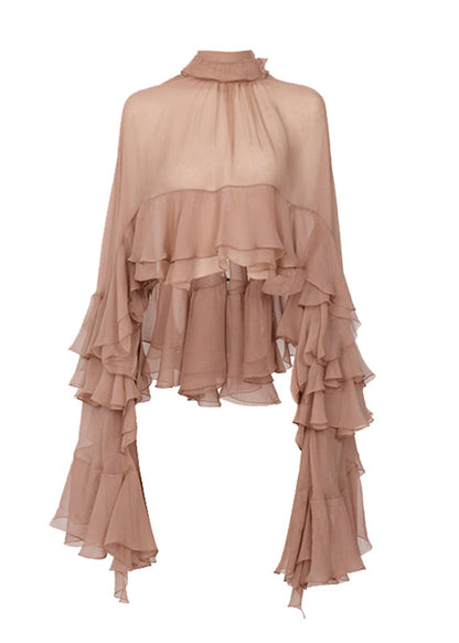 Fashion Stand Collar Ruffled Patchwork Chiffon Shirt Long Sleeve QA003