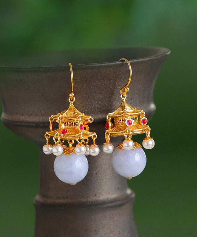 Fashion White Ancient Gold Pearl Agate Palace Lantern Drop Earrings GH1083