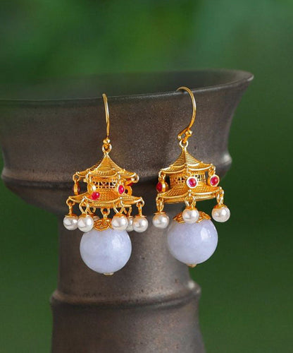 Fashion White Ancient Gold Pearl Agate Palace Lantern Drop Earrings GH1083