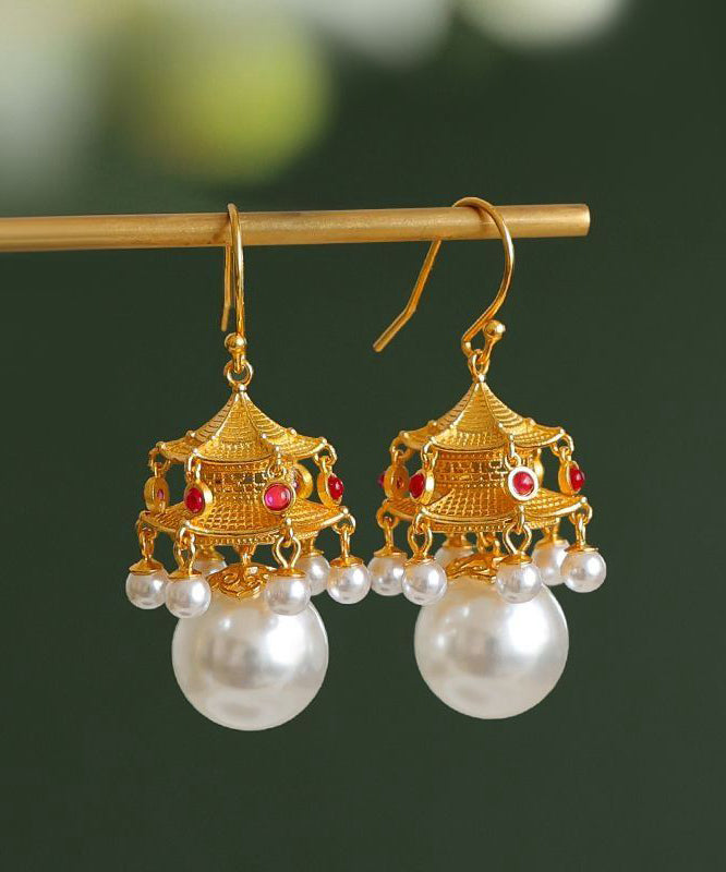 Boucles d'oreilles pendantes en forme de lanterne de palais en or blanc antique et perle d'agate GH1083