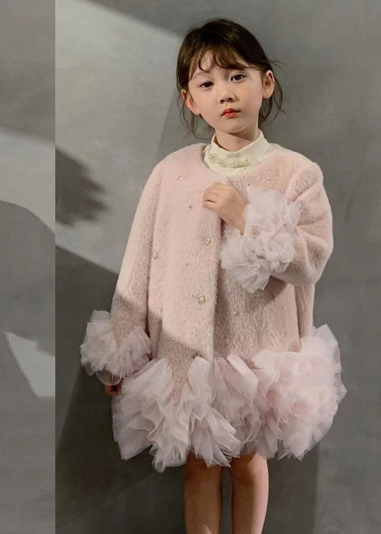 Fashion White O-Neck Button Tulle Patchwork Girls Mid Dresses Winter WL021