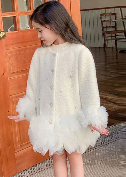 Fashion White O-Neck Button Tulle Patchwork Girls Mid Dresses Winter WL021