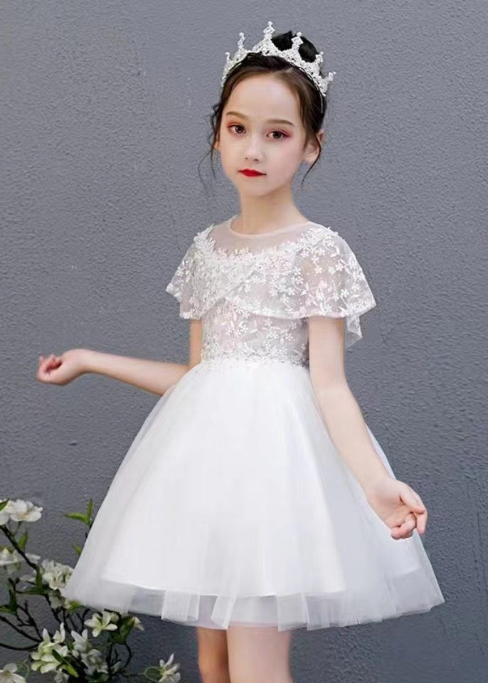 Robe mi-longue en tulle à fleurs brodées à col rond blanche pour enfants, été EW031