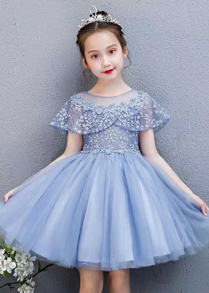 Robe mi-longue en tulle à fleurs brodées à col rond blanche pour enfants, été EW031