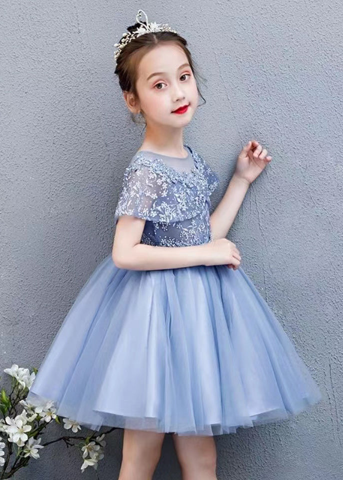 Robe mi-longue en tulle à fleurs brodées à col rond blanche pour enfants, été EW031