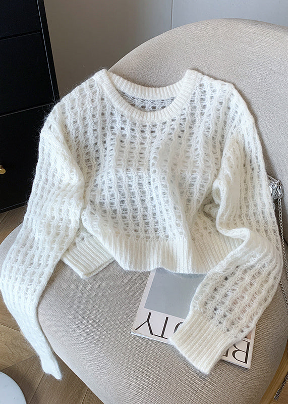 Fashion White O Neck Hollow Out Knit Pullover Fall QL061