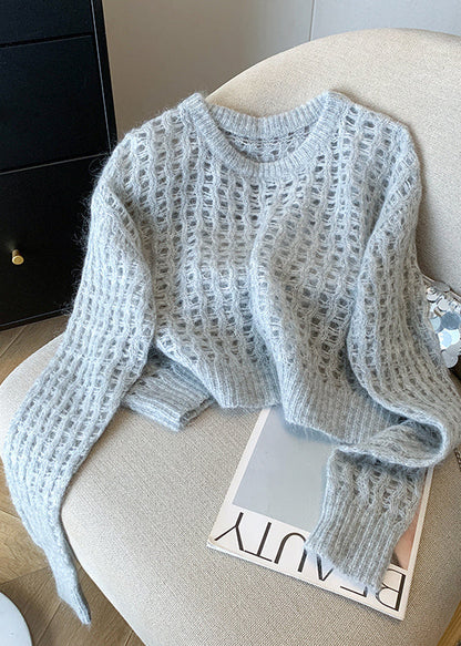 Fashion White O Neck Hollow Out Knit Pullover Fall QL061