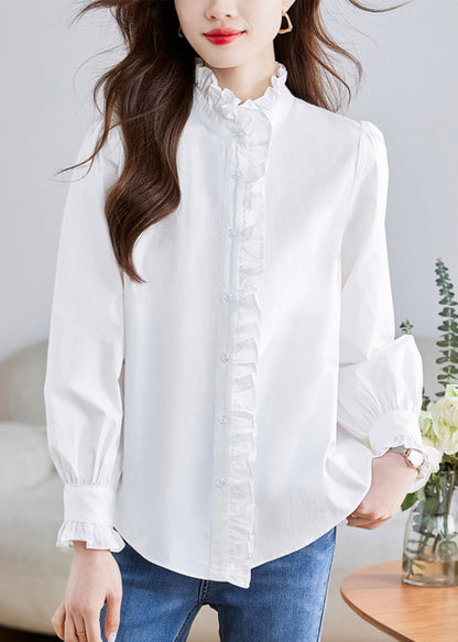 Fashion White Stand Collar Ruffled Patchwork Button Shirt Puff Sleeve QT010