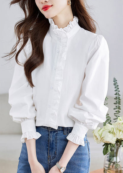 Fashion White Stand Collar Ruffled Patchwork Button Shirt Puff Sleeve QT010