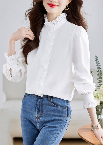 Fashion White Stand Collar Ruffled Patchwork Button Shirt Puff Sleeve QT010