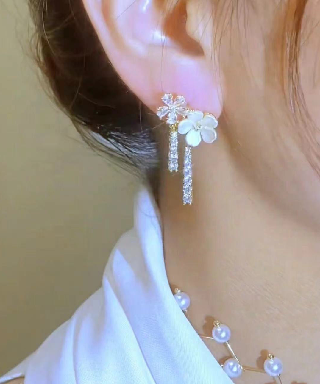 Overgild Drop Pearl Silver Fashion Sterling White Zircon Floral