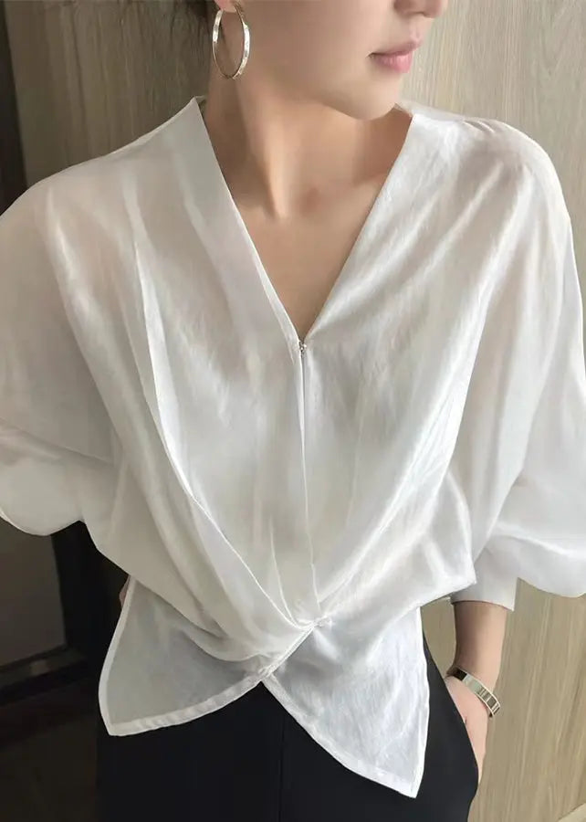 Fashion White V Neck Asymmetrical Silk Thin Shirts Spring Ada Fashion