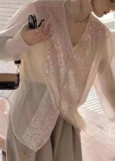 Fashion White V Neck Sequins Patchwork Silk Blouses Long Sleeve OP1029