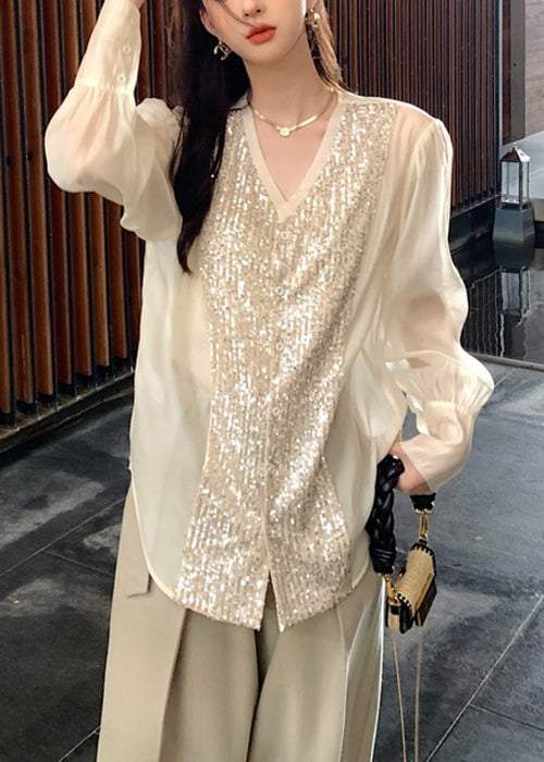 Fashion White V Neck Sequins Patchwork Silk Blouses Long Sleeve OP1029